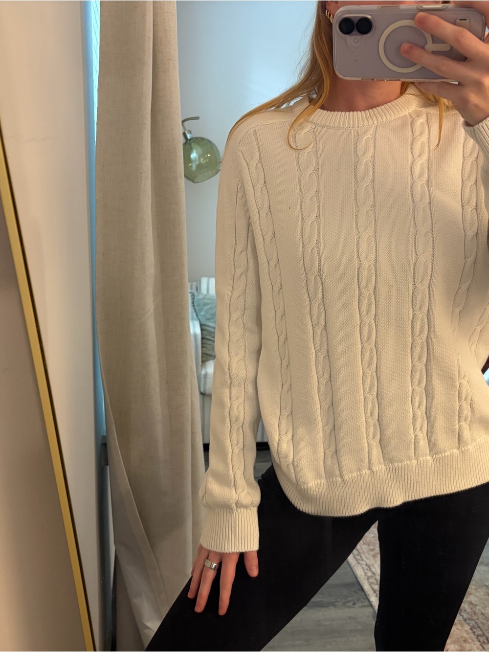 Zara Cream Cable-Knit Crewneck Sweater